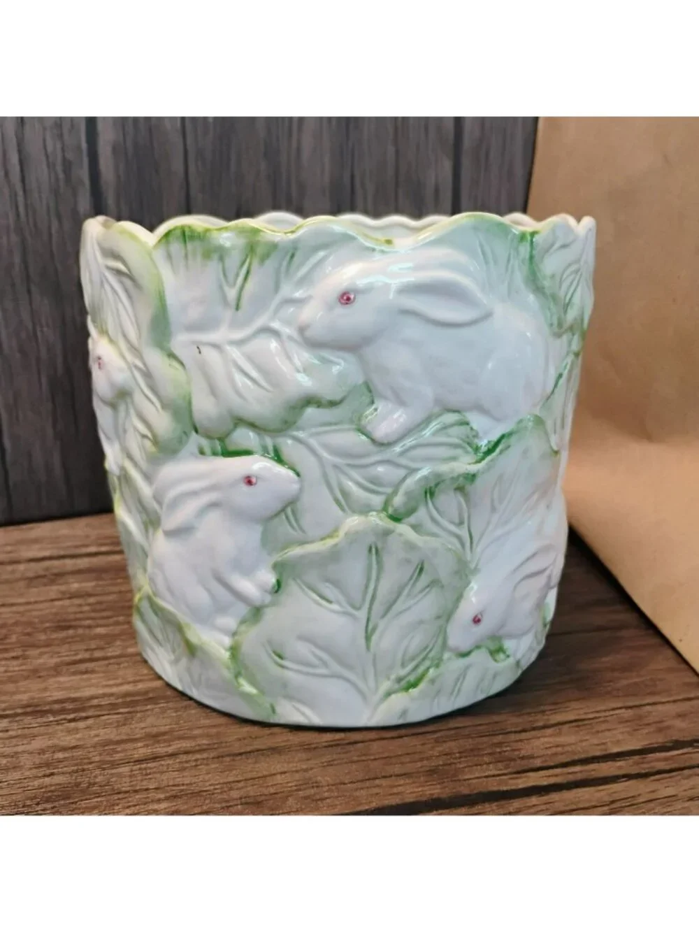 Vintage 1987 Haldon Group Rabbit Cabbage Leaf Planter Cachepot Japan Ceramic